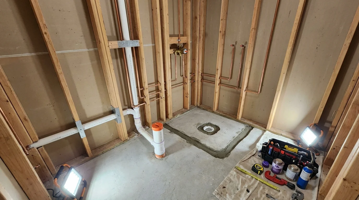 Bathroom rough-in plumbing during remodel by Johns Plumbing LLC in Kennewick