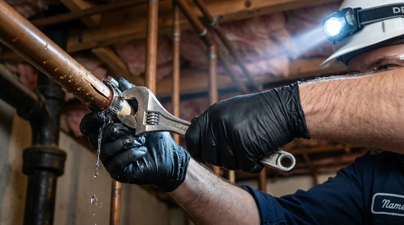 Emergency pipe clamp repair being performed by a Johns Plumbing LLC plumber in Kennewick