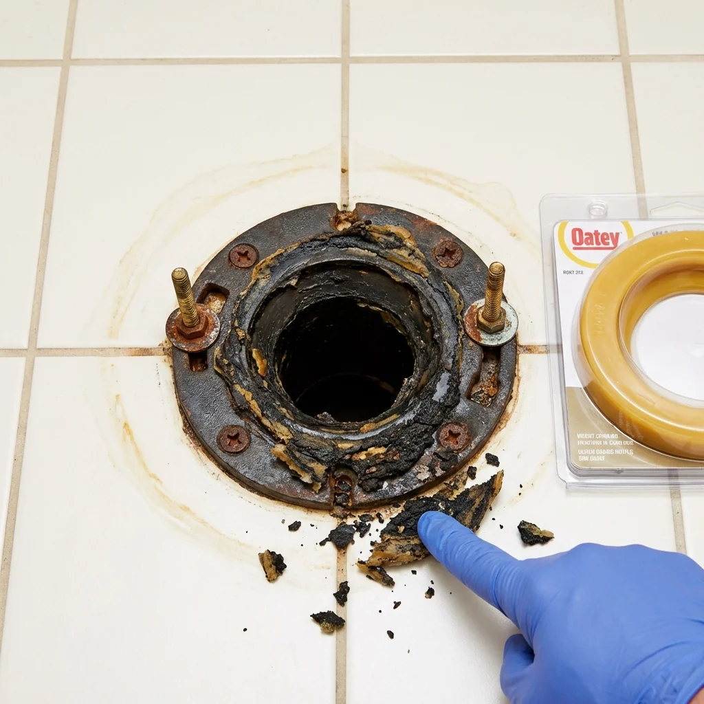 Failed wax ring showing water seepage at the base of a toilet in a Kennewick, WA home